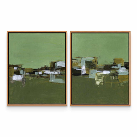 two paintings of a green field with a white cow
