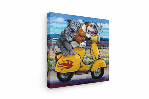 a painting of two dogs riding on a scooter