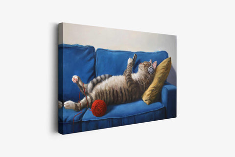 a painting of a cat laying on a blue couch