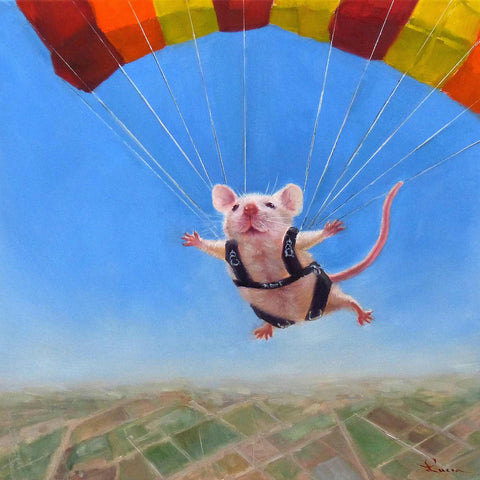 a painting of a rat flying with a parachute