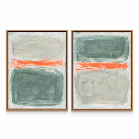 two framed paintings of green and orange on a white wall