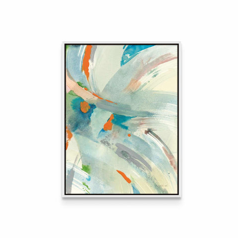 an abstract painting with blue, orange, and white colors