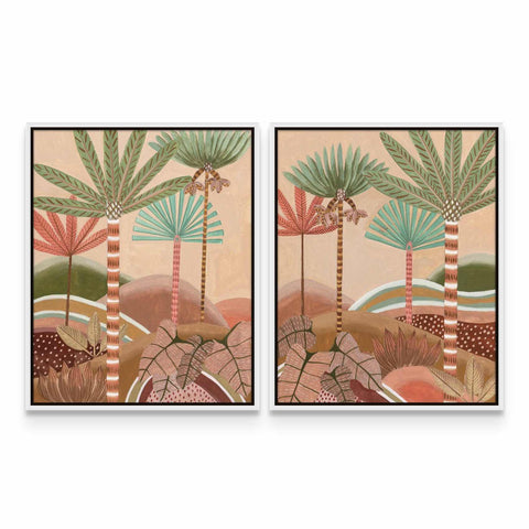 two paintings of palm trees on a wall