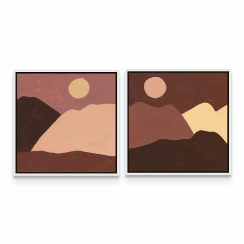 two paintings of mountains with a sunset in the background