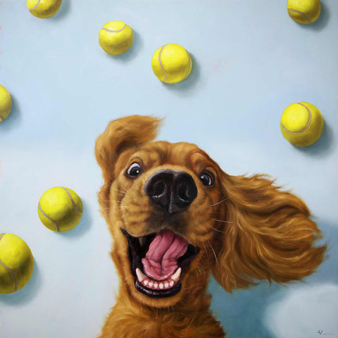 a painting of a dog with tennis balls in the background