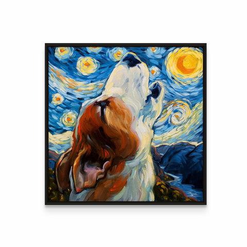 a painting of a dog looking up at the stars