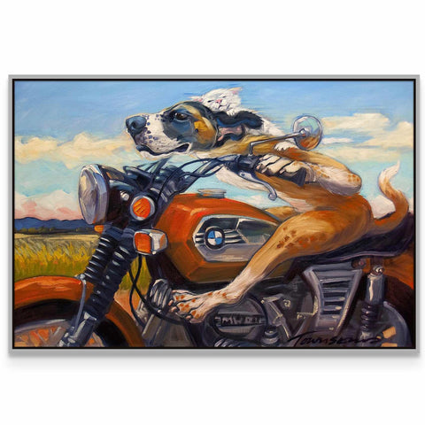 a painting of a dog riding a motorcycle