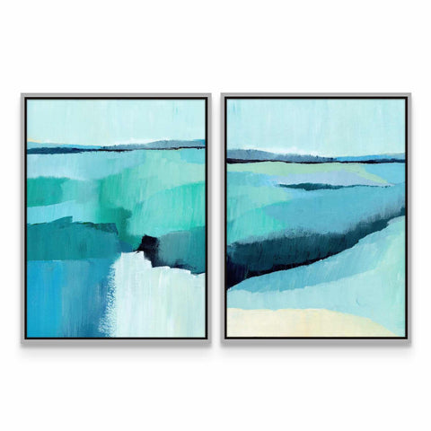 two paintings of water and ice on a white wall