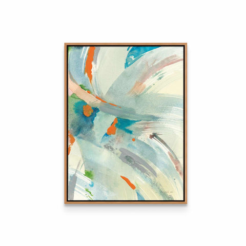 an abstract painting in a wooden frame on a white wall