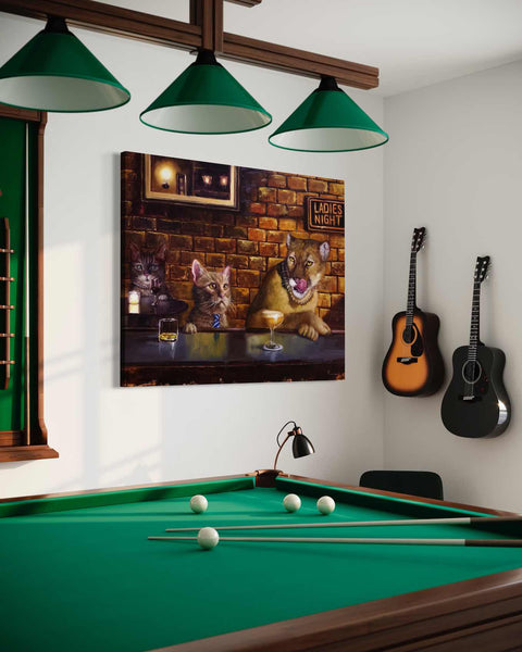 a room with a pool table, a guitar, and a painting of two cats