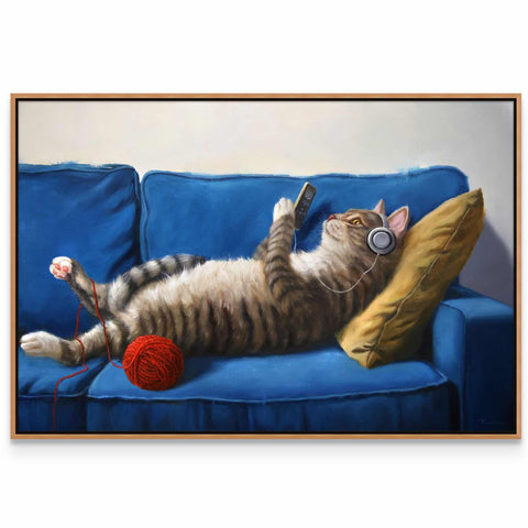 a painting of a cat laying on a couch with a ball of yarn