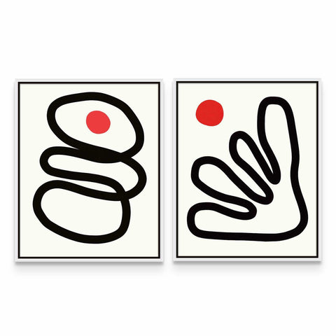two black and white paintings with red circles