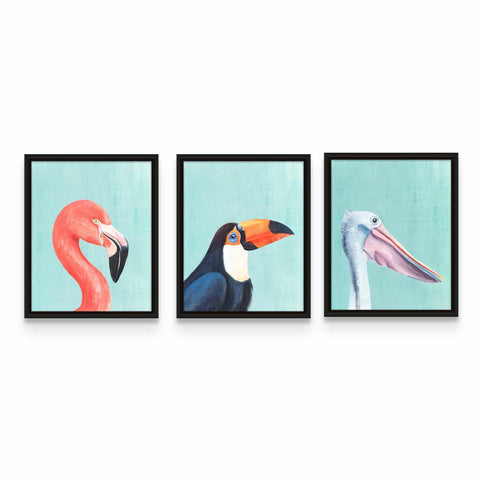 three paintings of birds hanging on a wall
