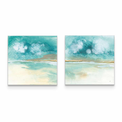 two paintings of blue and white clouds on a white wall