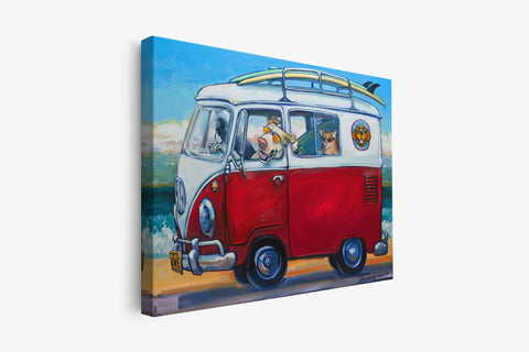 a painting of a red and white bus with a surfboard on top of it