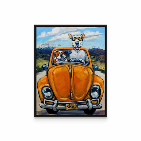 a painting of a dog sitting in the back of a car