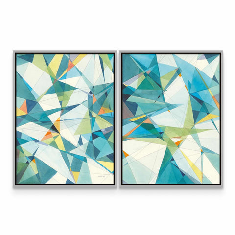 two abstract paintings of blue and green shapes