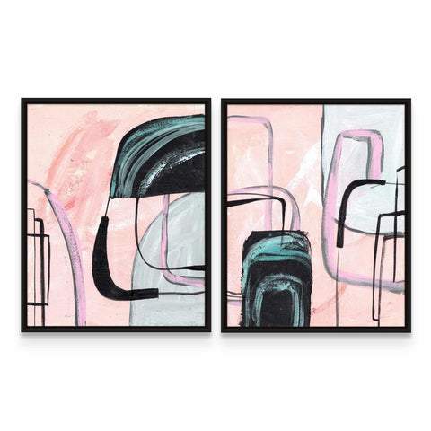 two paintings of abstract shapes in pink and black