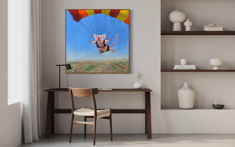 a painting of a pig flying with a parachute