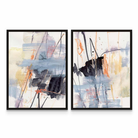 two framed paintings of abstract art on a wall