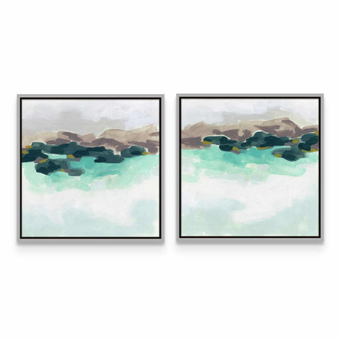 two paintings of water and rocks on a white wall