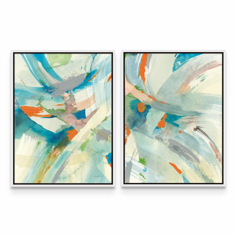 two abstract paintings on a white wall