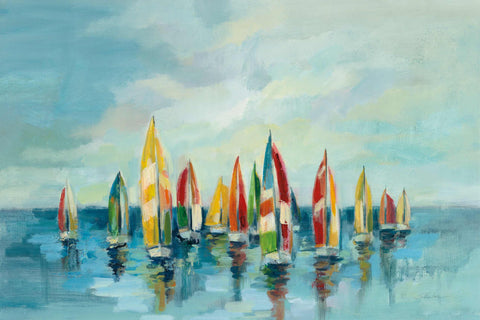 a painting of a bunch of sailboats in the water