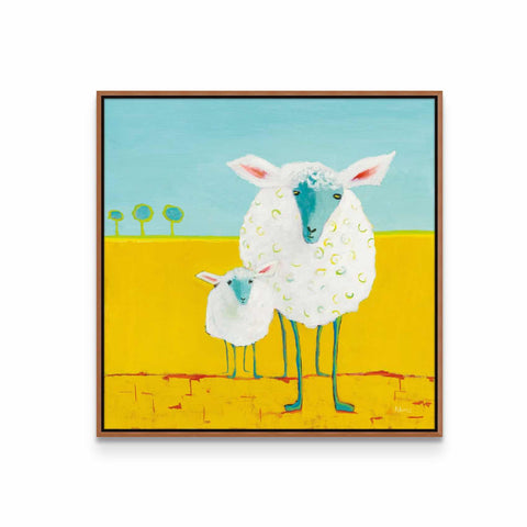 a painting of a sheep and a lamb in a field