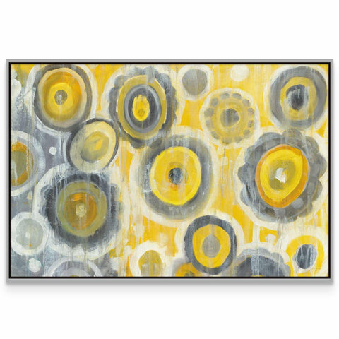 a painting with yellow and grey circles on it