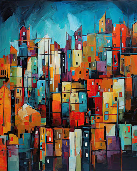 a painting of a city with lots of buildings