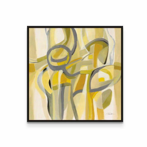a painting of yellow and grey shapes on a white wall