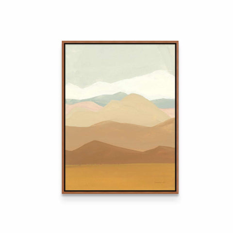 a painting of a desert with mountains in the background