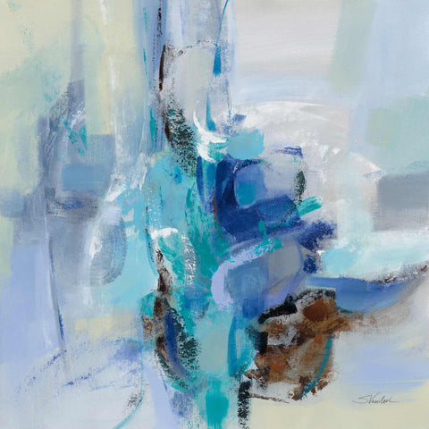 a painting of a blue vase on a white background