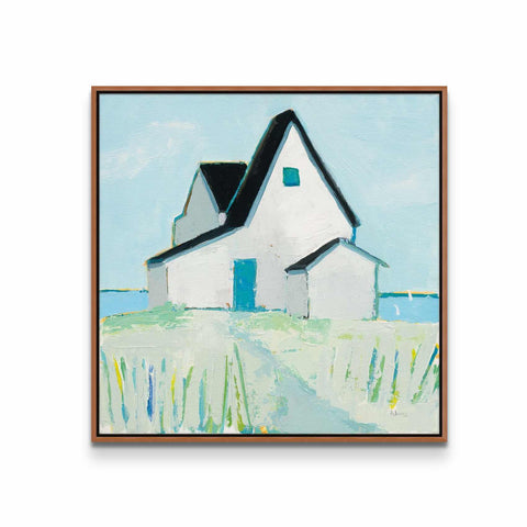 a painting of a white house in a field