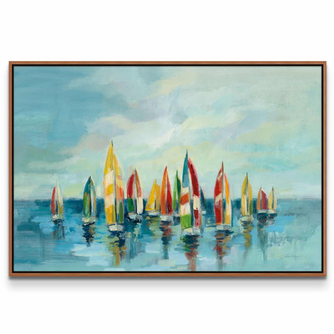 a painting of a group of sailboats in the ocean