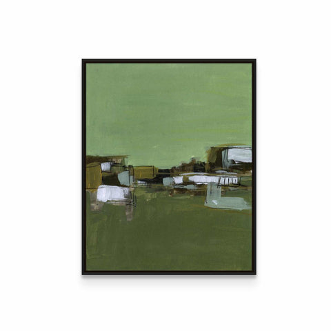 a painting of a green field with buildings in the background