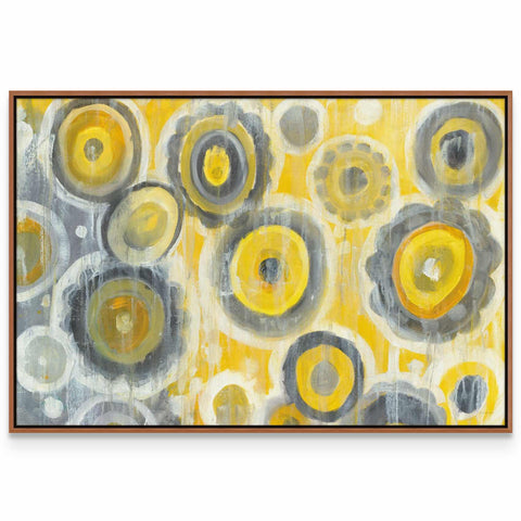 a painting with yellow and grey circles on it