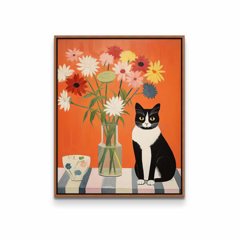 a painting of a cat sitting next to a vase of flowers