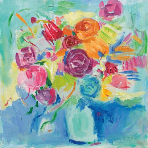 a painting of colorful flowers in a blue vase