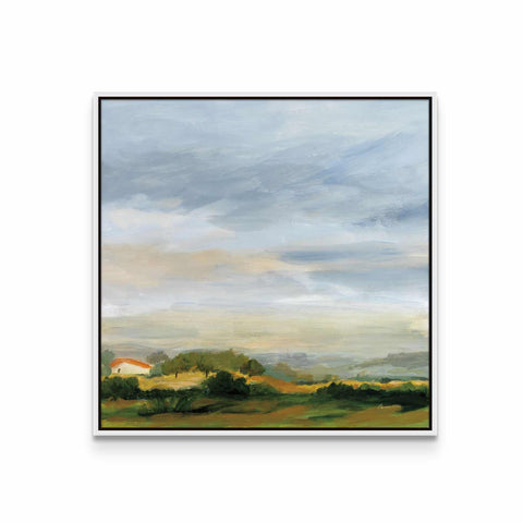a painting of a field with a house in the distance