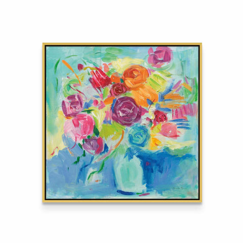 a painting of colorful flowers in a vase