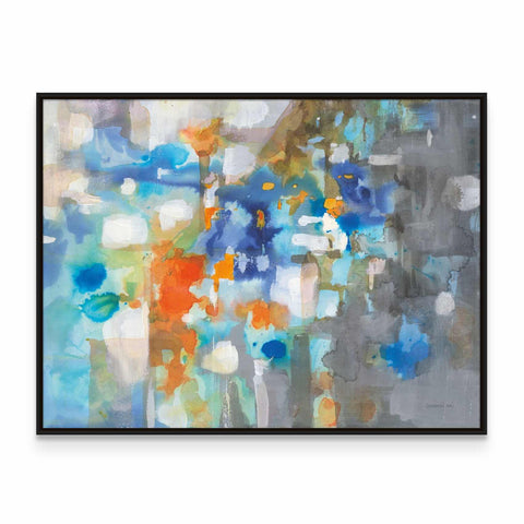 an abstract painting with blue, orange and white colors