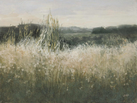 a painting of a grassy field with trees in the background