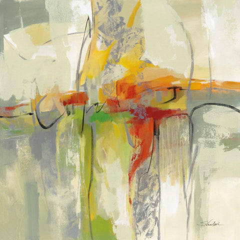 a painting of a yellow and green abstract painting