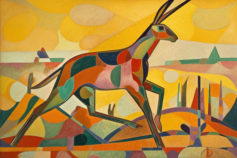 a painting of a deer in a colorful landscape