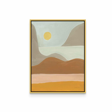 a painting of a desert with a sun in the sky