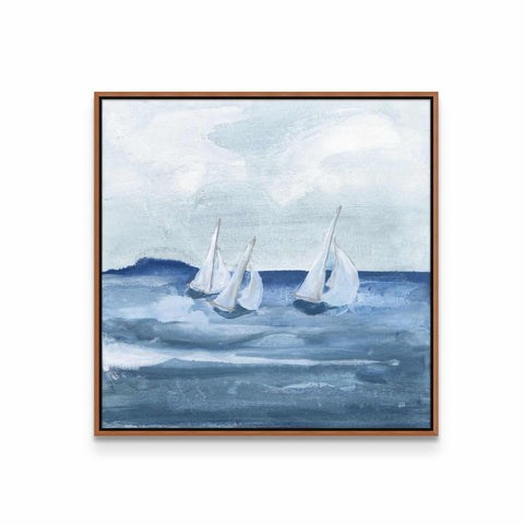a painting of three sailboats in the ocean