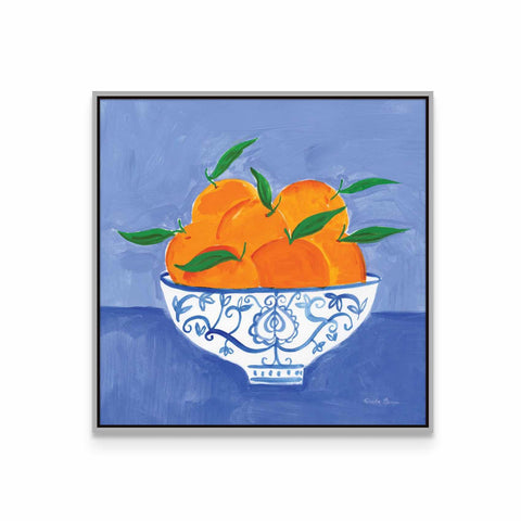 a painting of oranges in a white bowl