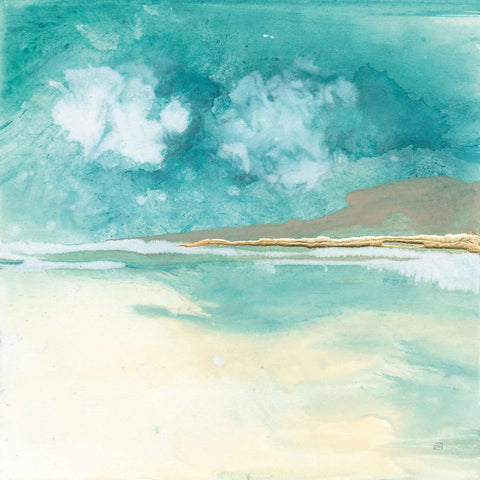 a watercolor painting of a beach with clouds in the sky