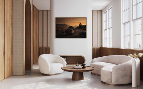 a living room filled with furniture and a painting on the wall